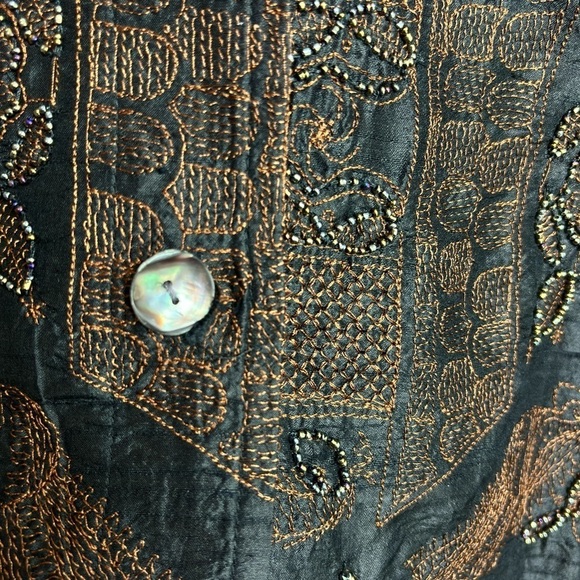 CHICOS JACKET WOMENS 1 BROWN SILK BEADED MEBROIDERED BUTTON FRONT TOP MEDIUM - Picture 5 of 7